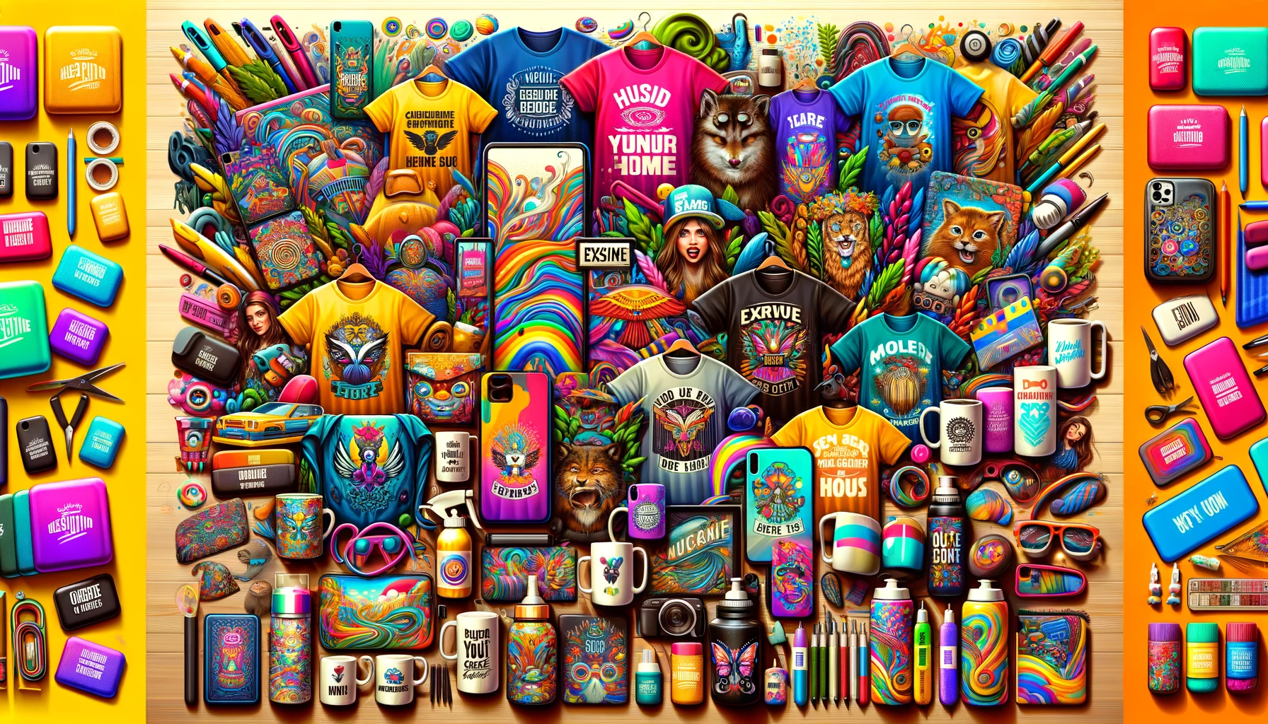Variedade de produtos personalizáveis incluindo t-shirts, canecas e capas de celular com designs únicos.